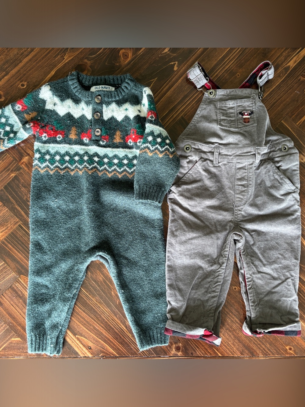 Old Navy Teal Knit Romper with Tommy Bahama Gray Corduroy Overalls